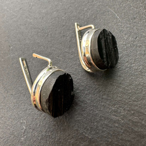  Earrings with black untreated natural tourmaline in silver