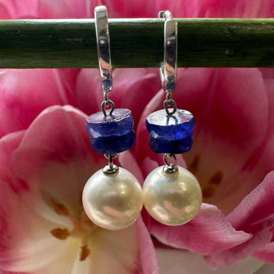Earrings with Natural Pearls and Sapphire
