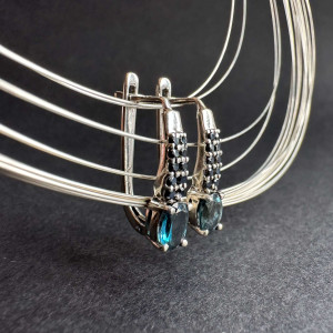 Earrings with natural Indigolite Tourmaline and cubic zirconia