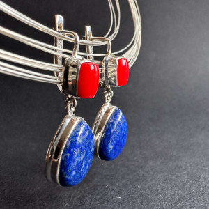 Earrings with natural lapis lazuli and coral in silver