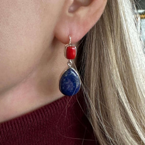 Earrings with natural lapis lazuli and coral in silver