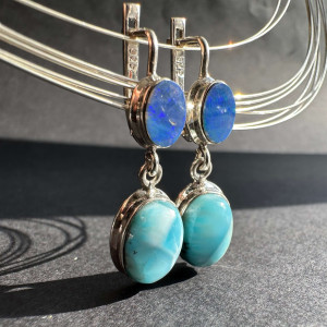 Earrings with natural Australian Opal and Larimar made of silver