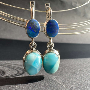 Earrings with natural Australian Opal and Larimar made of silver