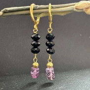 Earrings with black natural Tourmaline with Alexandrite in silver with gold plating.