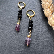 Earrings with black natural Tourmaline with Alexandrite in silver with gold plating.