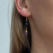 Earrings with black natural Tourmaline with Alexandrite in silver with gold plating.