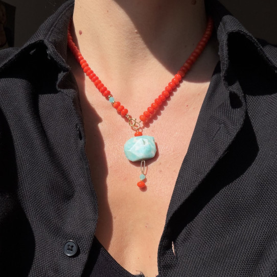 Jewelry made of natural Coral and Amazonite with silver in gilding